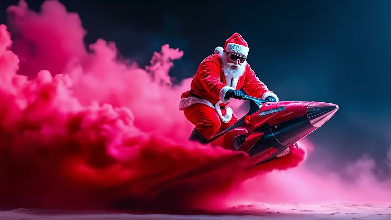 A santa claus riding a jet ski in the snow