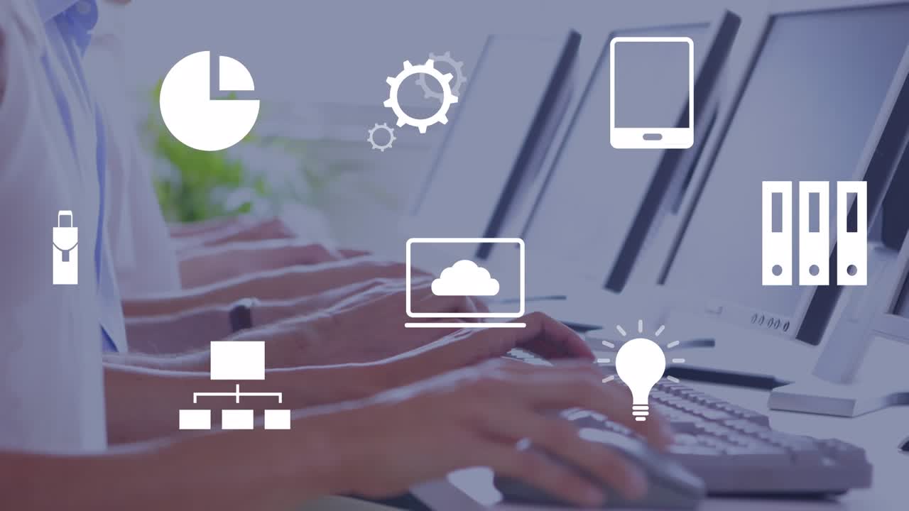 Animation of multiple digital icons over mid section of diverse collegaues using computers at office
