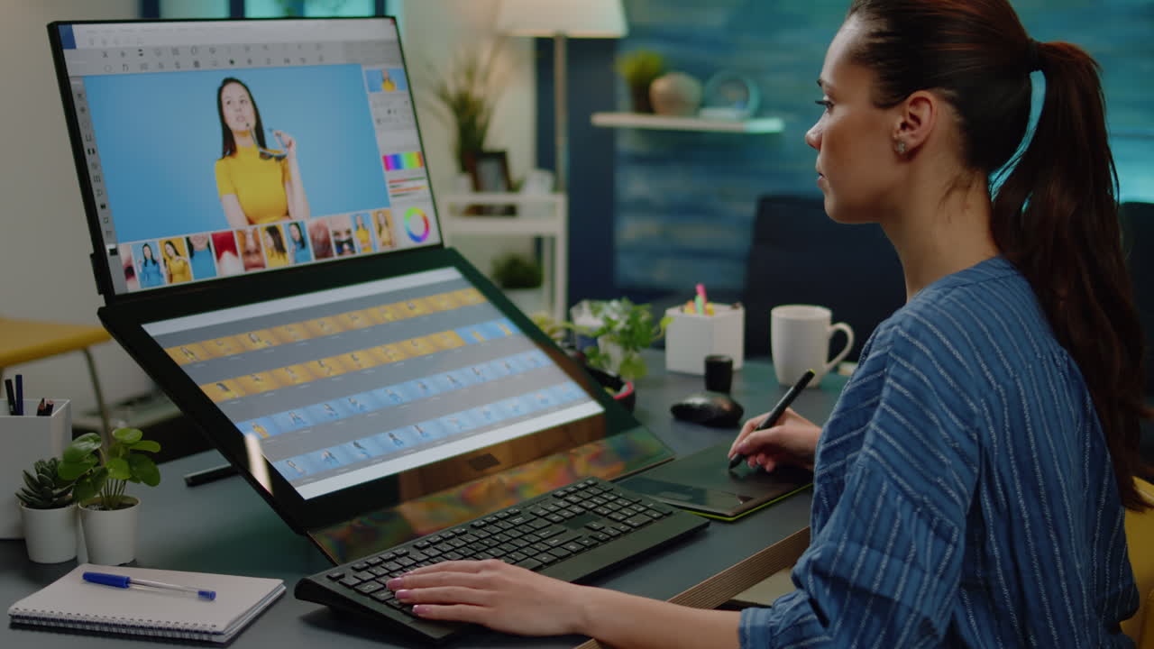 Retouch editor working on editing pictures at media studio