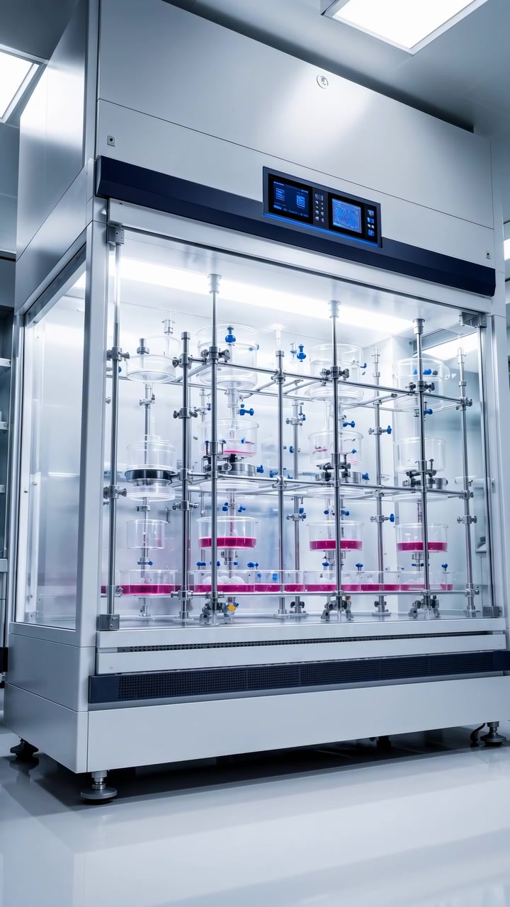 Forward movement tightens the view on enclosed laboratory equipment, showing transparent chambers with pink liquid, metal framework, blue fittings, reflective surfaces, and bright white lighting.