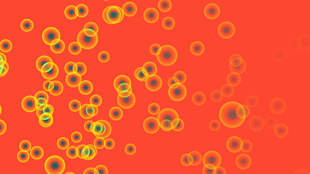 추상적인 금, 투명한 바다 핵, 바다 달, 빨리 오른쪽에서 왼쪽으로 이동하고 빨간 오렌지색 배경에 떠다니고 있다.