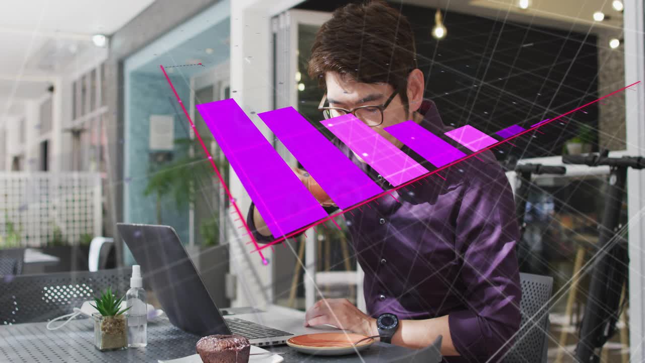 Man typing on laptop, activating AR chart over laptop, monitoring business data while sipping cup