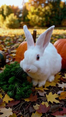 cute white rabbit eating parsley in autumn leaves