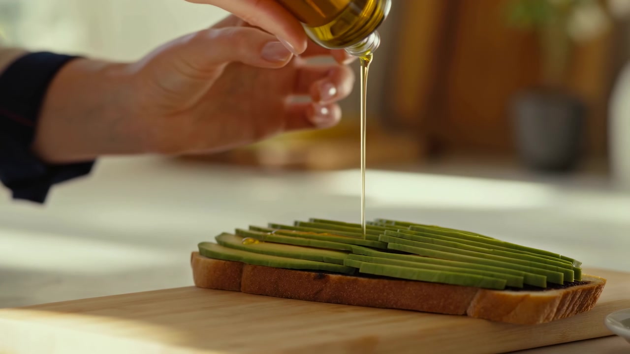 Средний момент из короткой кулинарной последовательности: рука наливает оливковое масло из стеклянной бутылки на ломтики огурца, разложенные на поджаренном хлебе, на деревянной разделочной доске.