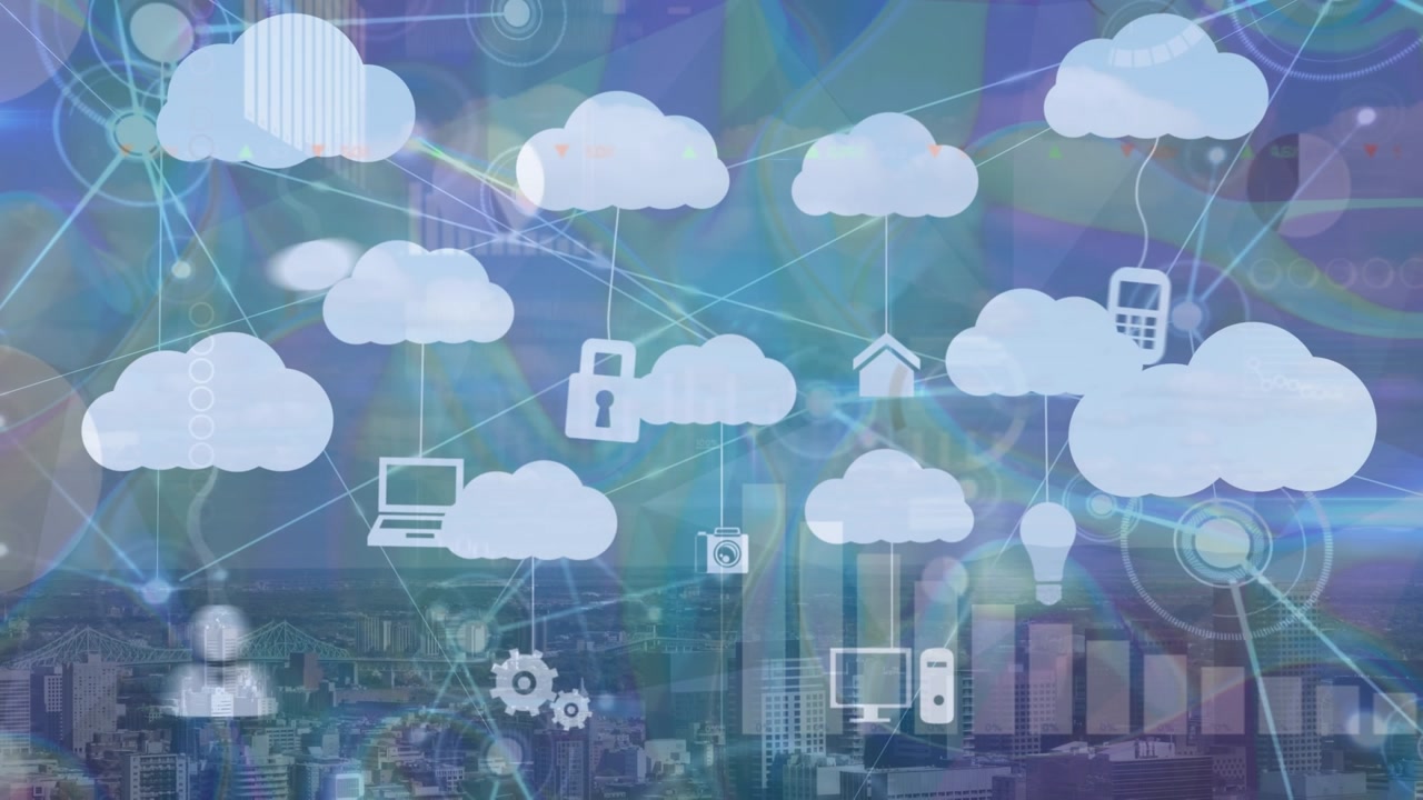 Animation of digital clouds, connections and cityscape