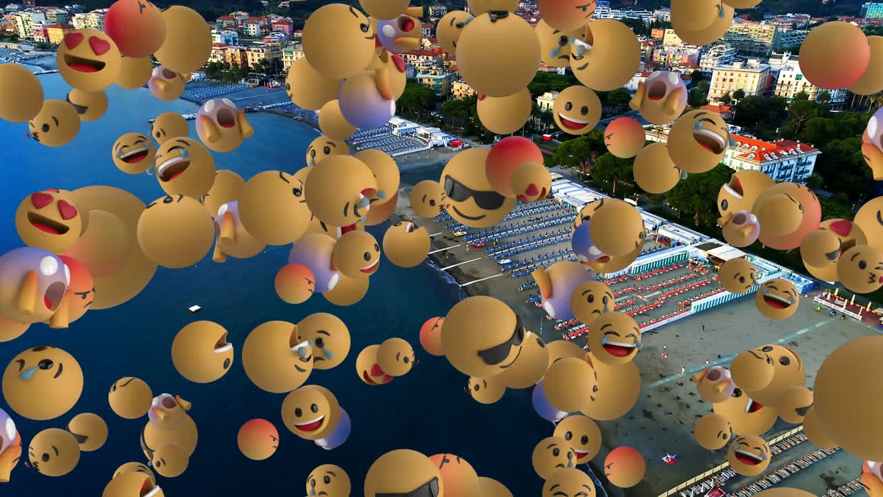 도시 풍경의 공중 전망에 대해 떠다니는 여러 얼굴 이모티콘의 디지털 구성