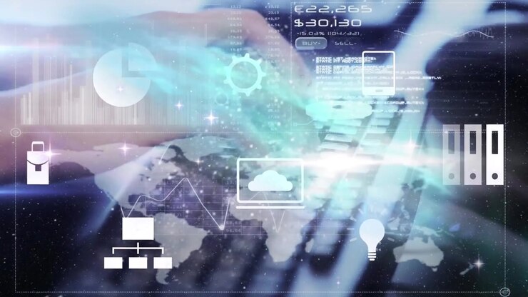 Animation of falling numbers and icons over man using smartphone