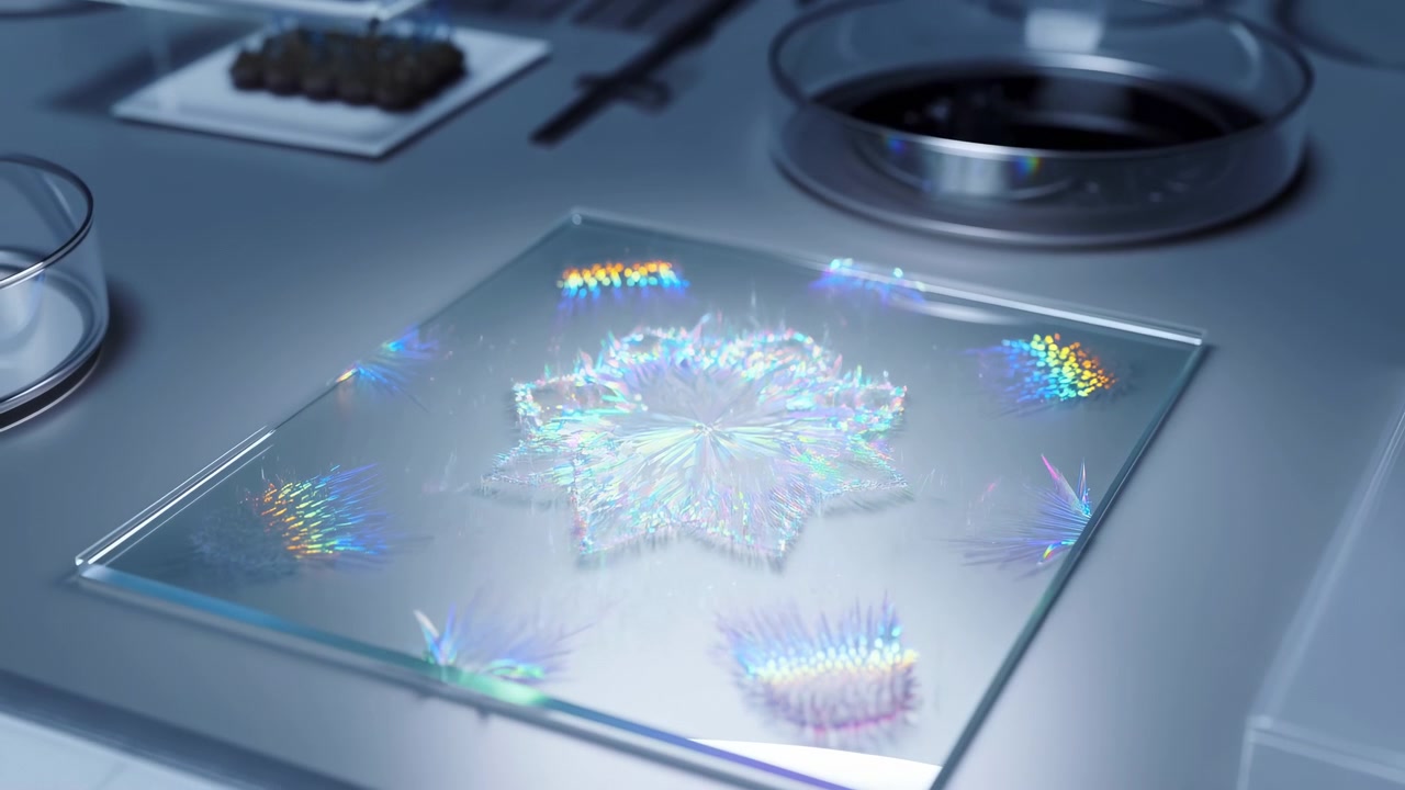Lâmina de vidro quadrada sobre um banco de metal frio contém um delicado espécime cristalino iridescente com um centro em forma de estrela radial, aglomerados de agulhas semelhantes a penas, reflexos luminosos e arredores suavemente desfocados.