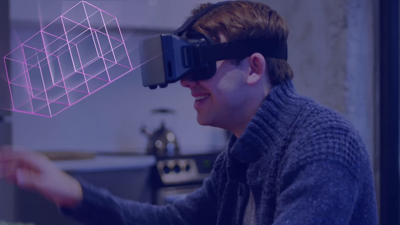 Animation of glowing 3d shapes of data transfer over caucasian man in vr headset