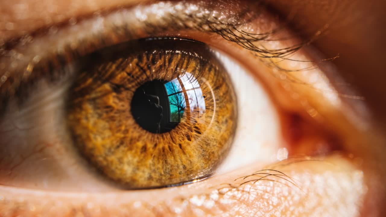 Occhio che mostra micro-spostamenti della pupilla mentre la telecamera mette a fuoco per la biometria, con una sovrapposizione che marca l'iride e la finestra