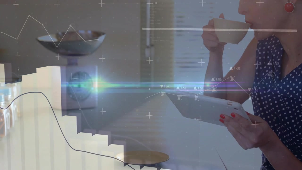 Hand placing cup on saucer, woman sipping, scanning tablet, animated tech charts overlaying tablet
