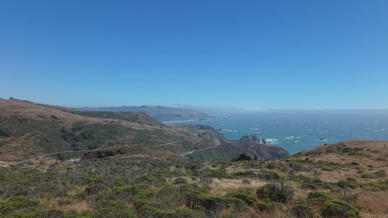 A zoom out shot from a drone of the Sonoma Coast in Jenner California
