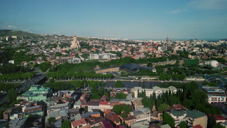 Aerial Panorama of Tbilisi, Georgia, showcasing the Kura River and diverse architecture