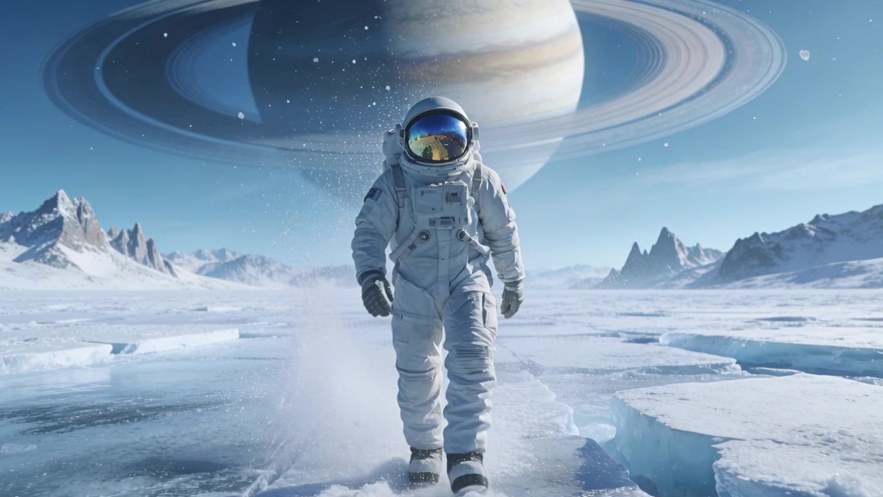 Astronot berjalan dengan pakaian putih melintasi es retak menuju lensa, kamera mendekat, planet bercincin.