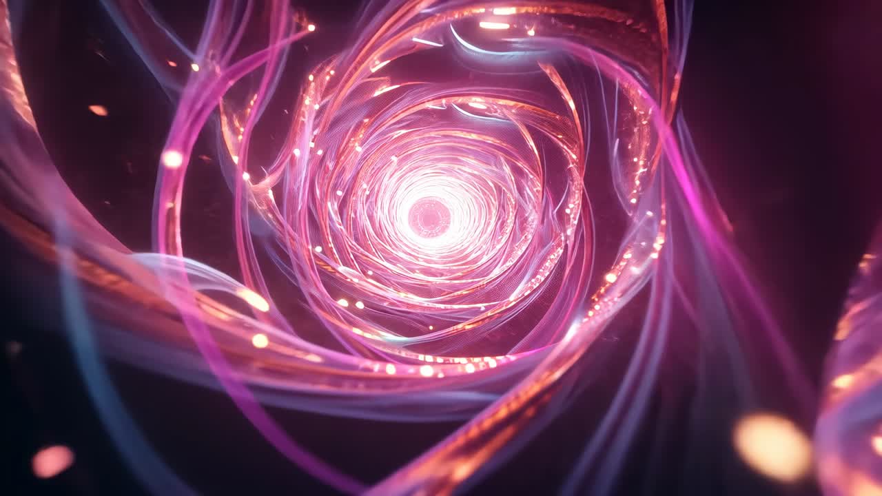 Camera moving through tunnel in digital void on start, showcasing swirling ribbons and glowing core