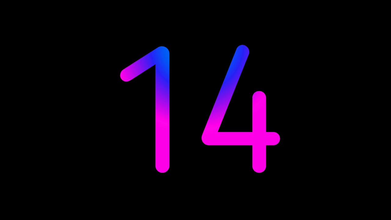 Neonlicht Nummer 14 Animatie Gloeiende Gradiënt Blauw Roze Digitaal Futuristisch LED Numerieke Loop Abstracte Tech donkere Achtergrond Motion Graphics