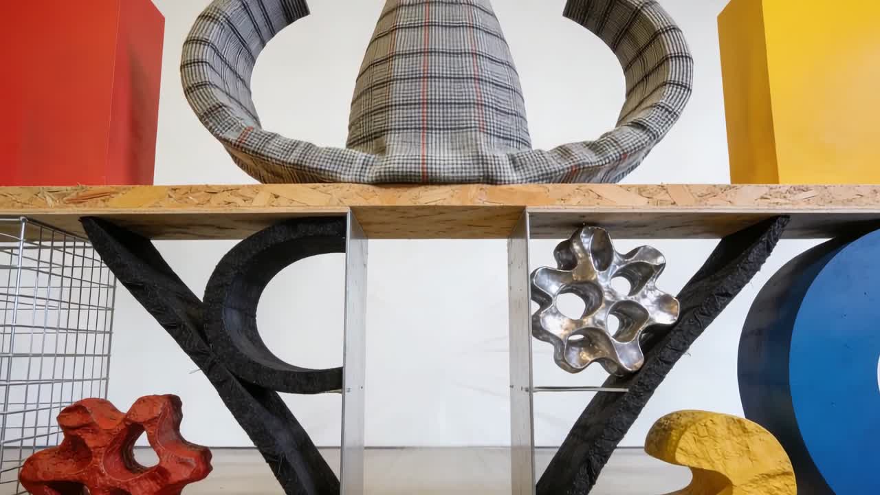 Persona che si alza con una giacca a quadri grigia, rivelando un cono sopra uno scaffale in galleria, mostrando una scultura in metallo.