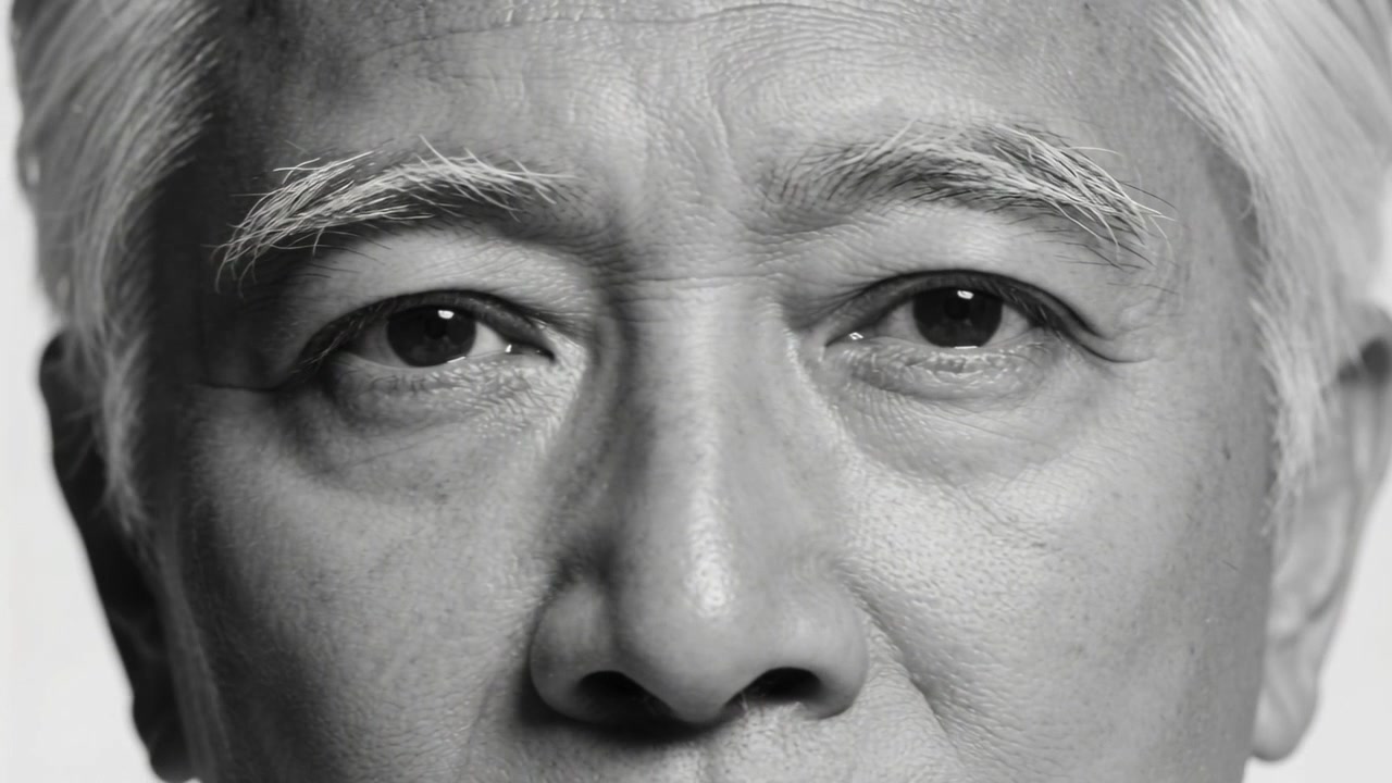 카메라가 돌아가는 가운데, 흰 머리의 남자가 인물 사진 연구를 위해 스튜디오에서 눈꺼풀을 움직이며 시선을 뜨고 있습니다.