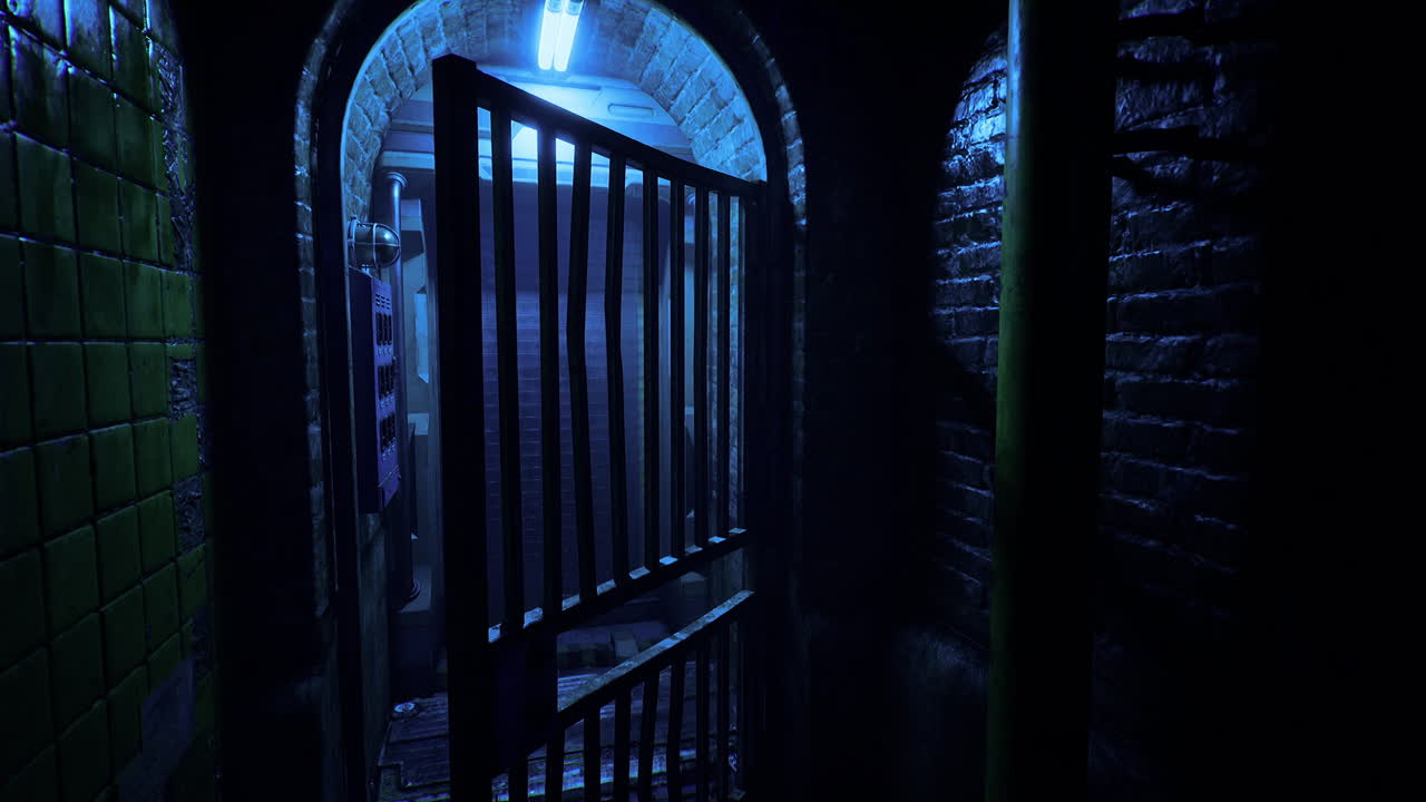 Mysterious dimly lit passageway with an open barred door at night