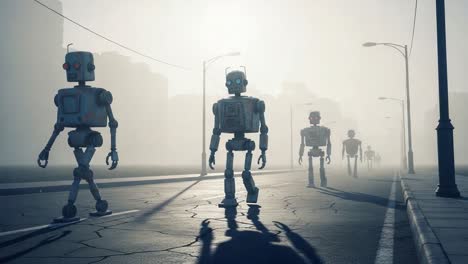 a futuristic encounter: robots walking through a mysterious foggy urban landscape, highlighting technology's role in an eerie yet captivating world