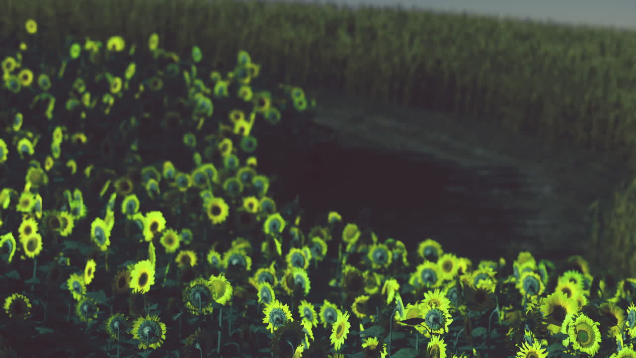 Vibrant sunflower field under twilight sky with soft green hues