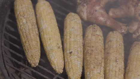 fumar maíz en una mazorca y patas de pollo a la barbacoa en una parrilla de carbón negro en un parque público en verano