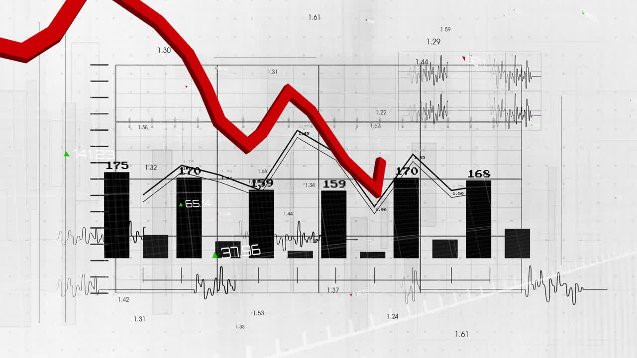 Animation of red line and financial data processing over statistics
