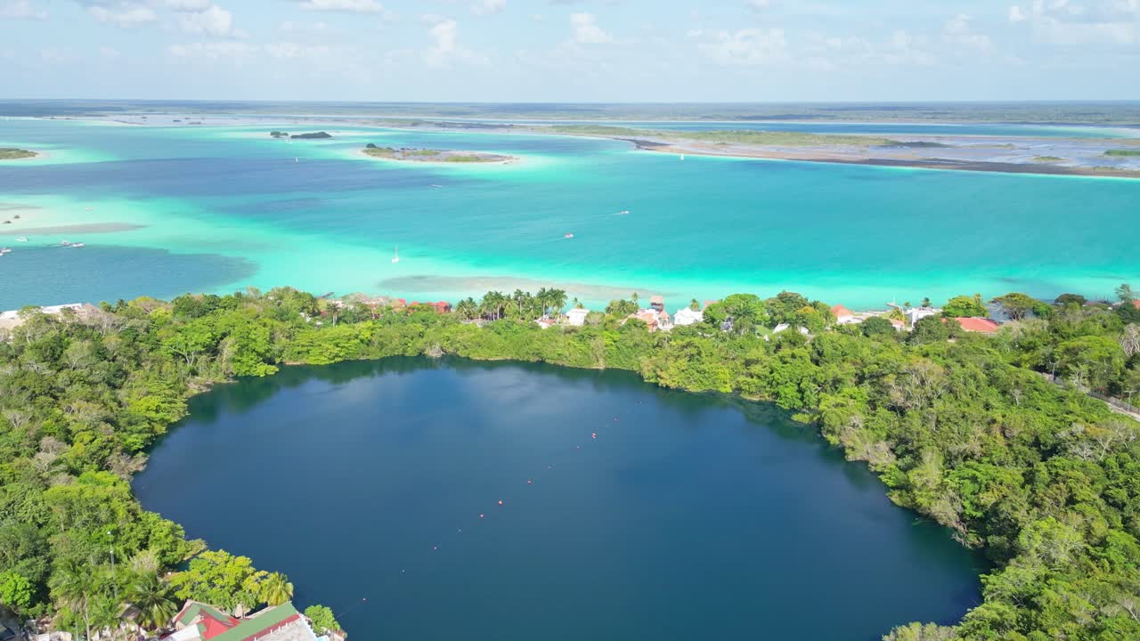 Clear blue lagoon and lush green landscape of Bacalar, Mexico with aerial view