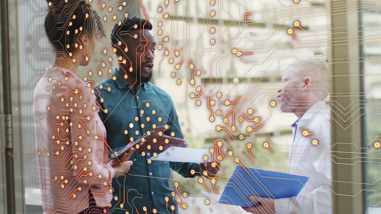 Animation of data processing over diverse business people talking