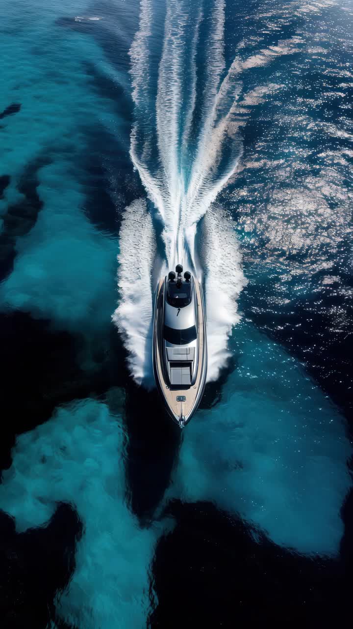 Aerial view of a luxury yacht cutting through turquoise waters, leaving a dynamic wake