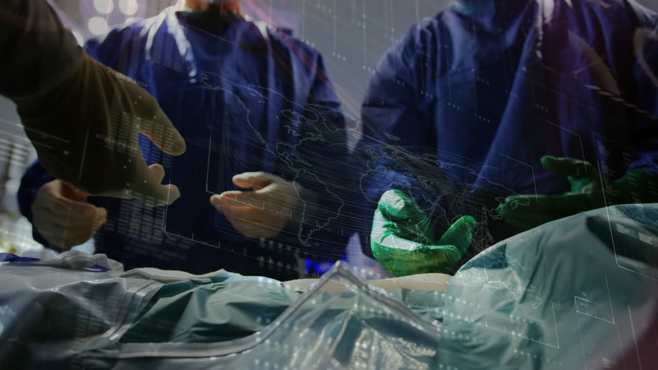 animación del procesamiento de datos sobre cirujanos caucásicos durante la cirugía