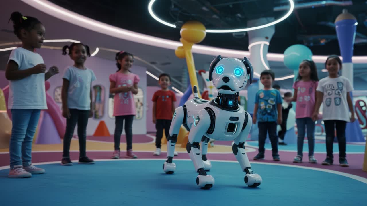 A Fascinating Encounter: Children Engage and Play with an Interactive Robot Dog in a Colorful, Modern Play Area Designed for Fun and Learning