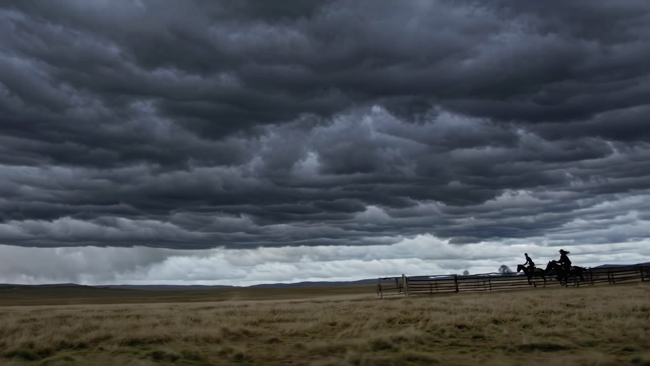 Cowboys og cowgirls rider heste under en stormfuld himmel