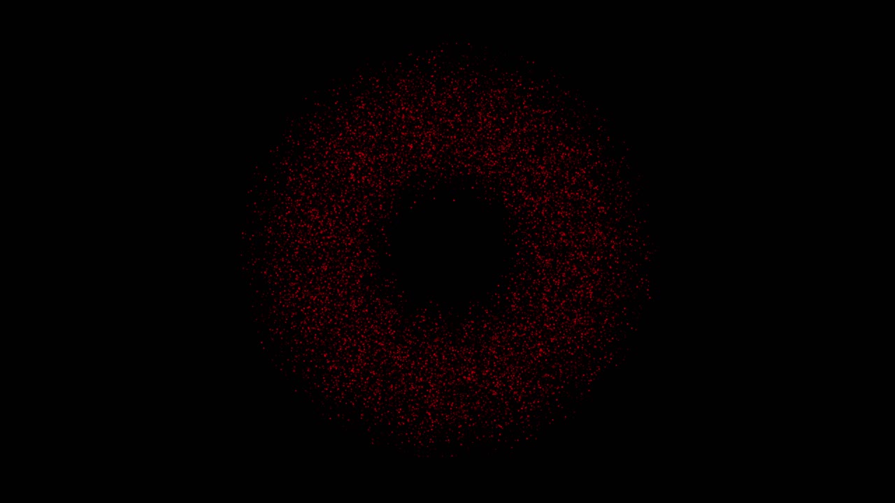 Red energy particles swarm to create luminous ring, then transition into pulsing concentric circles on black background. Ideal for science, tech, or music visuals. Seamless loop with copy space