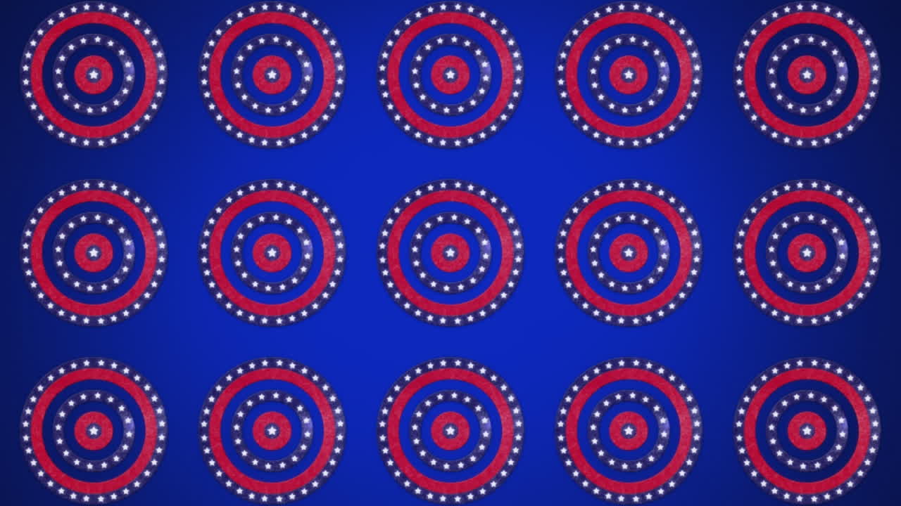 Animazione di file di cerchi rotanti con stelle e strisce della bandiera americana su sfondo blu