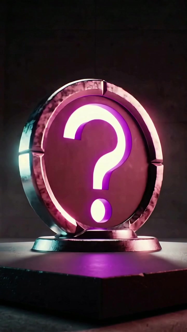 Video verticale: Anello alimentato in rotazione che mostra un punto interrogativo illuminato e giunture in studio.