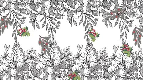 Digital-animation-of-multiple-leaves-icons-against-floral-designs-on-white-background