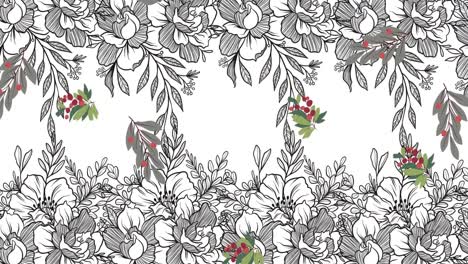 animación digital de varios iconos de hojas contra diseños florales sobre fondo blanco