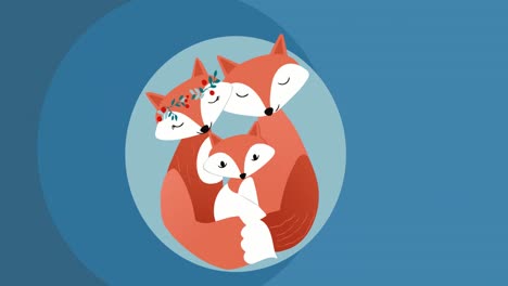 animation of happy fox family embracing on blue background