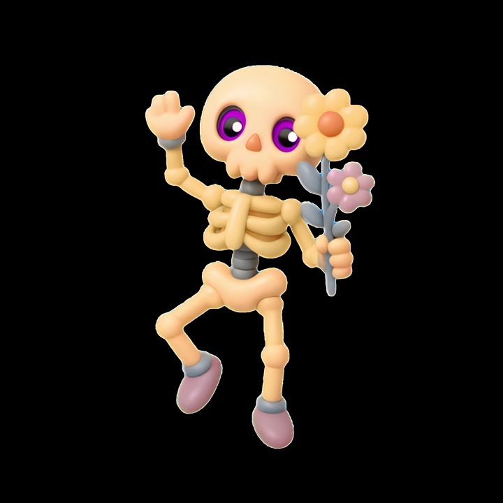 Simpatico personaggio scheletro 3D in stile cartone animato che balla e tiene dei fiori