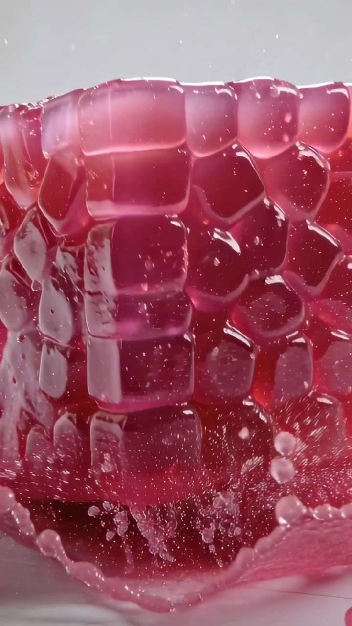 Dikey video: Kamera hareket ediyor, pembe jel küp eriyerek beyaz masa üzerine damlacıklar bırakıyor.