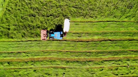 tractor with double mower filmed during hay harvest
