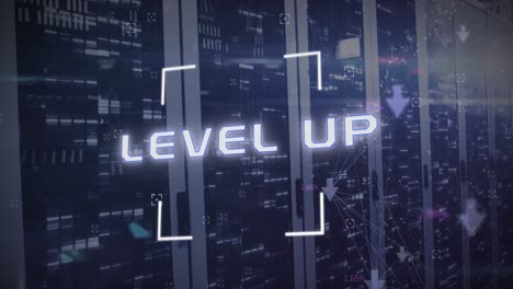 animation of level up text and data processing over computer servers