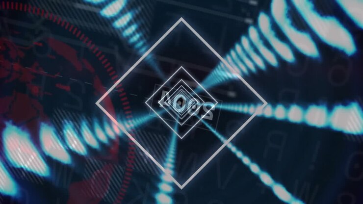 Skaber dynamisk visuel animation med geometriske former og digitale mønstre.