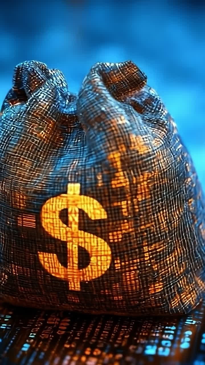 Growth-focused digital currency. A glowing money bag on a digital backdrop symbolizes the fusion of finance and tech in today's markets.
