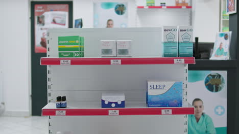 empty drugstore shelves filled with medical supplies and pills