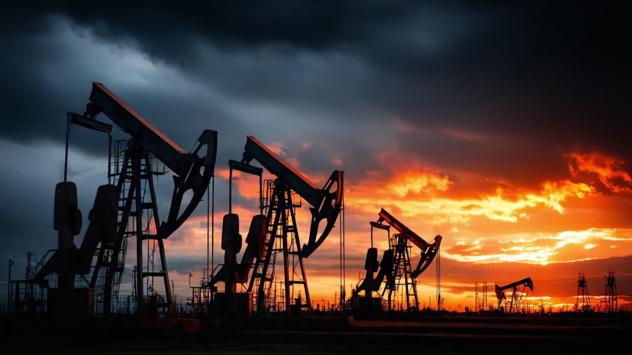 Puesta de sol dramática sobre plataformas petrolíferas: Siluetas cambiantes contra un cielo ardiente capturan la esencia de la extracción de energía al anochecer con una fascinante perspectiva industrial.