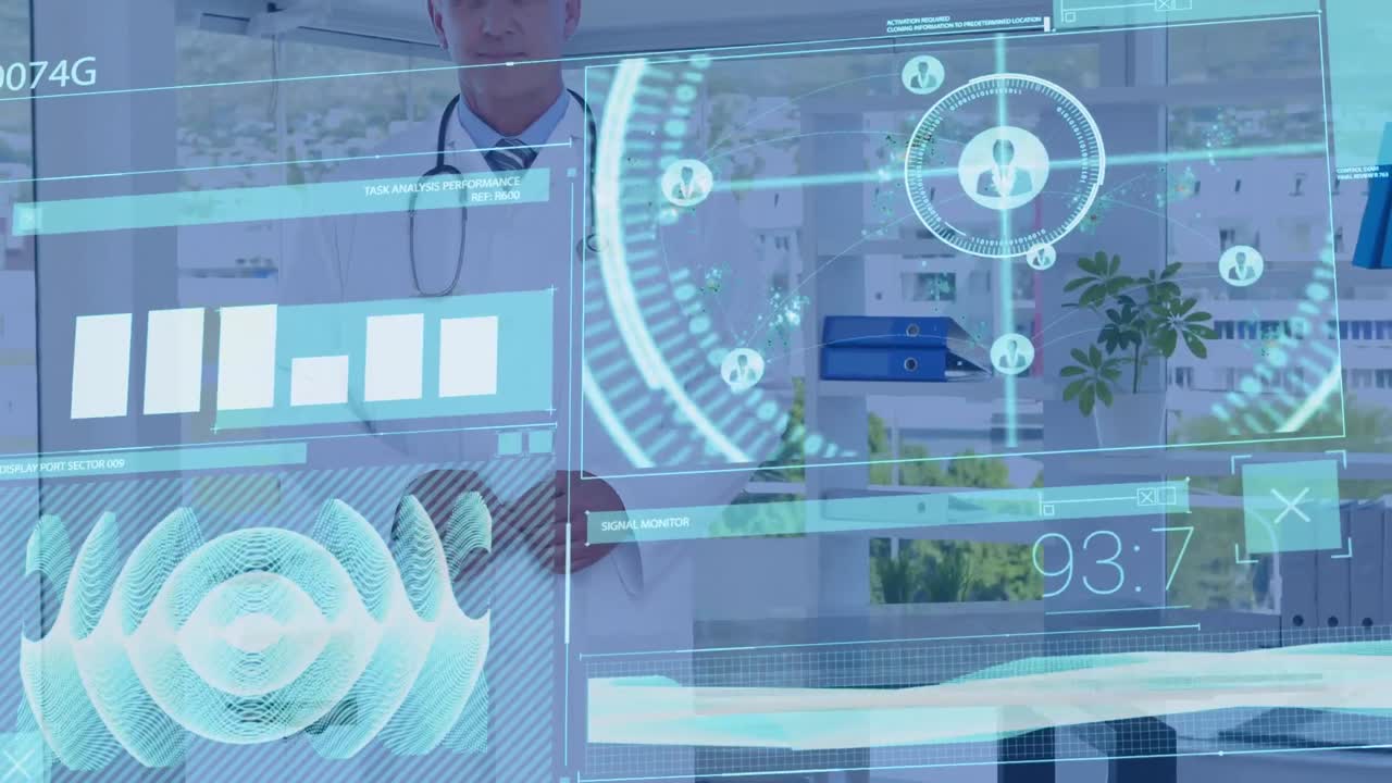 백인 남성 의사에 대한 스 ⁇  스캐닝 및 데이터 처리 애니메이션