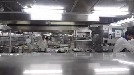 commercial kitchen cooks and chefs prepare meals on cruise ship