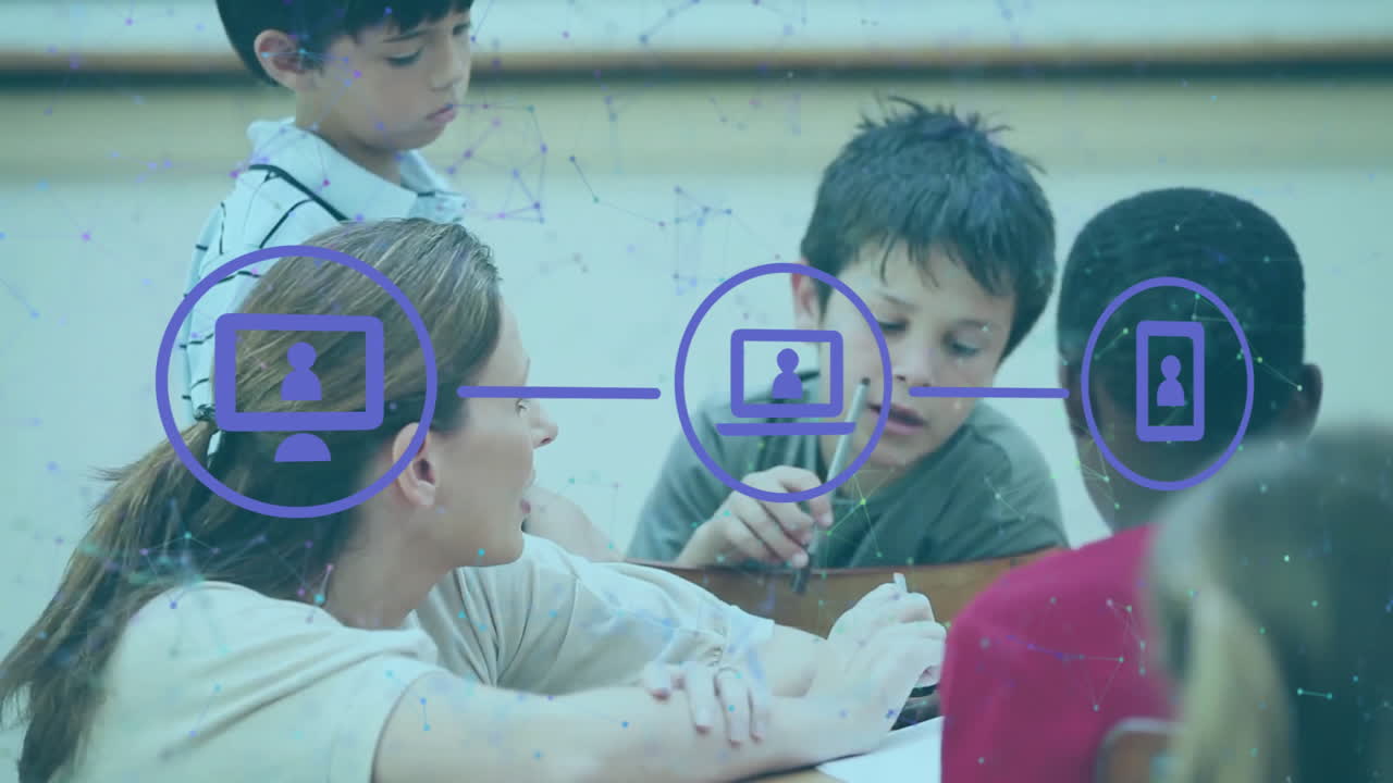 animación de redes de iconos sobre diversos escolares y maestras en el aula